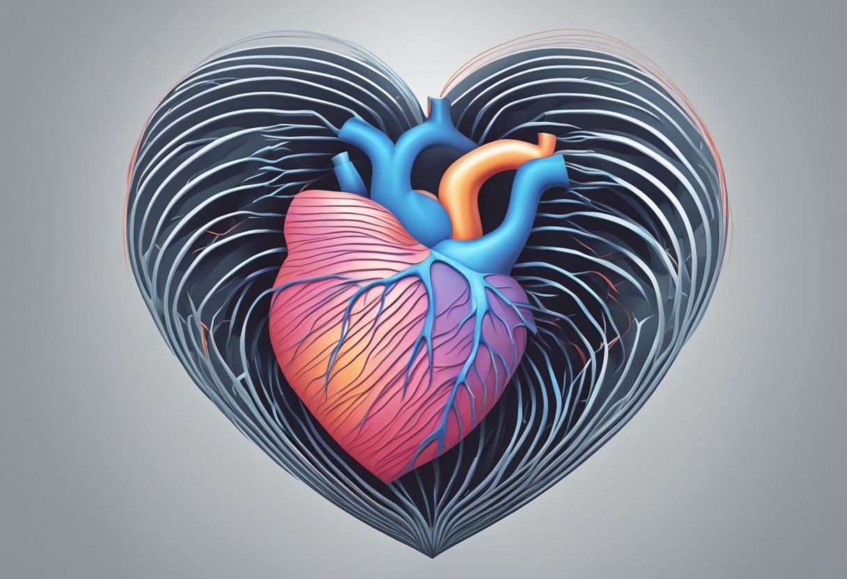 A heart with jagged lines radiating outwards, contrasting with smooth, flowing lines representing muscle pain