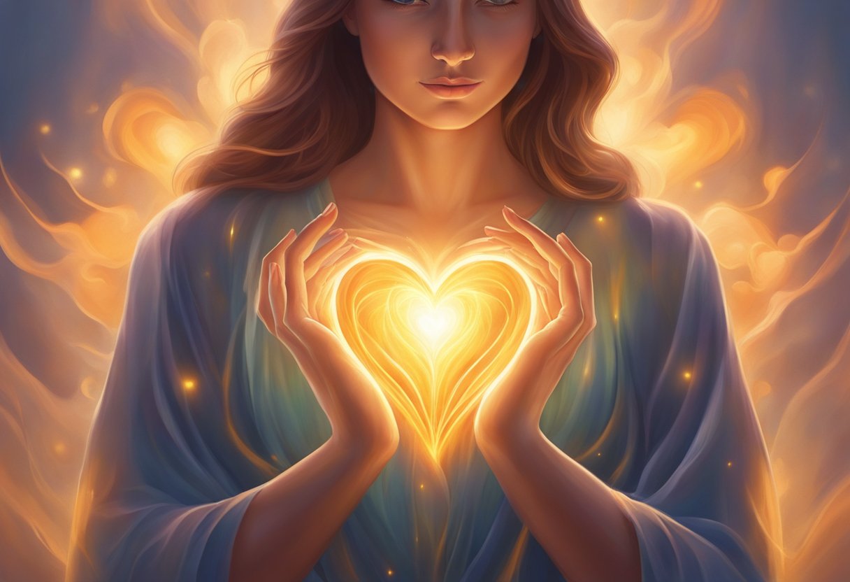 A glowing, pulsating second heart hovers above a figure, emitting a warm, comforting light. It appears to be a source of strength and vitality, radiating a sense of resilience and inner power