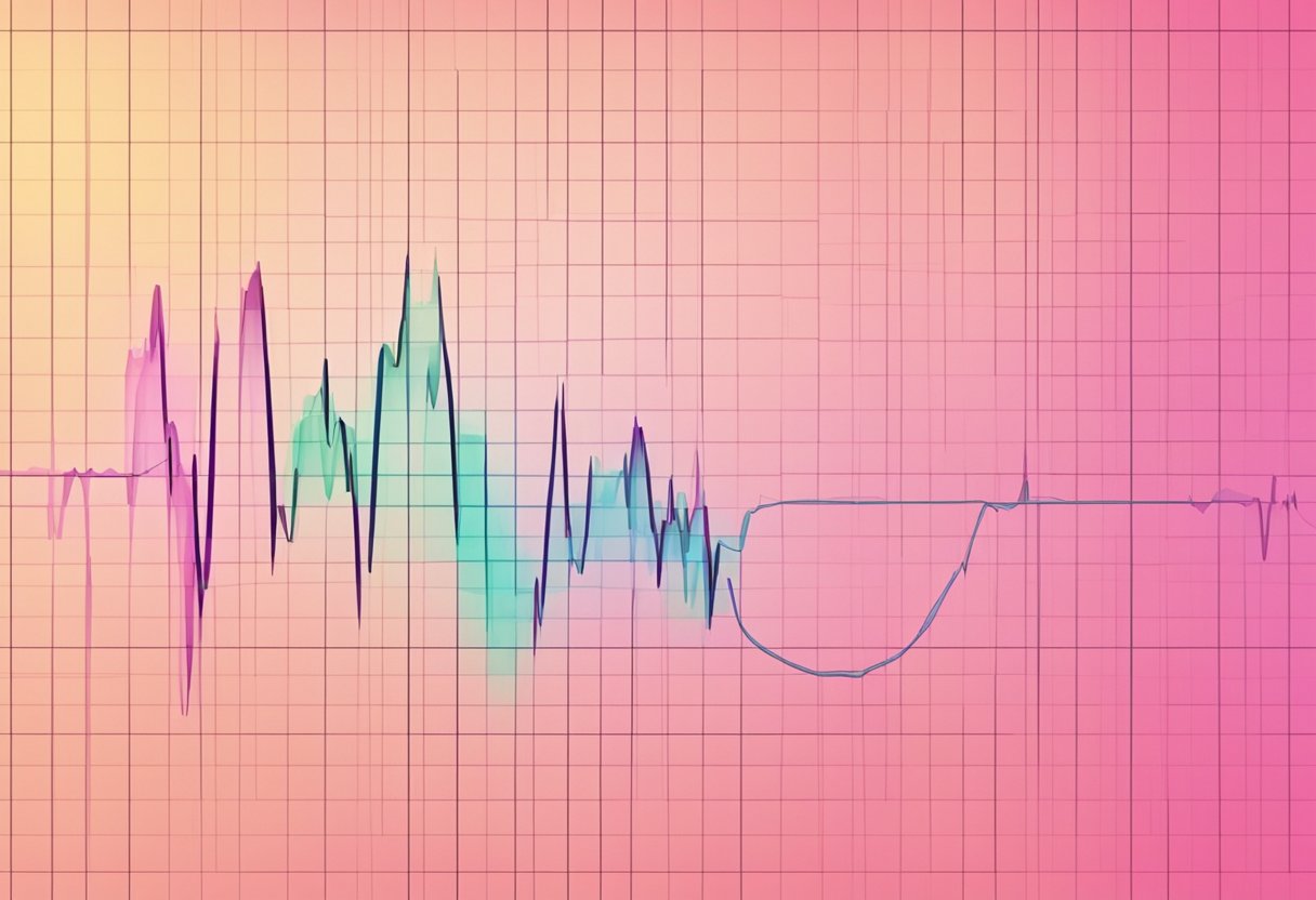 A woman's heart rate accelerates, depicted by a pulsating heart monitor or a graph showing increasing beats per minute