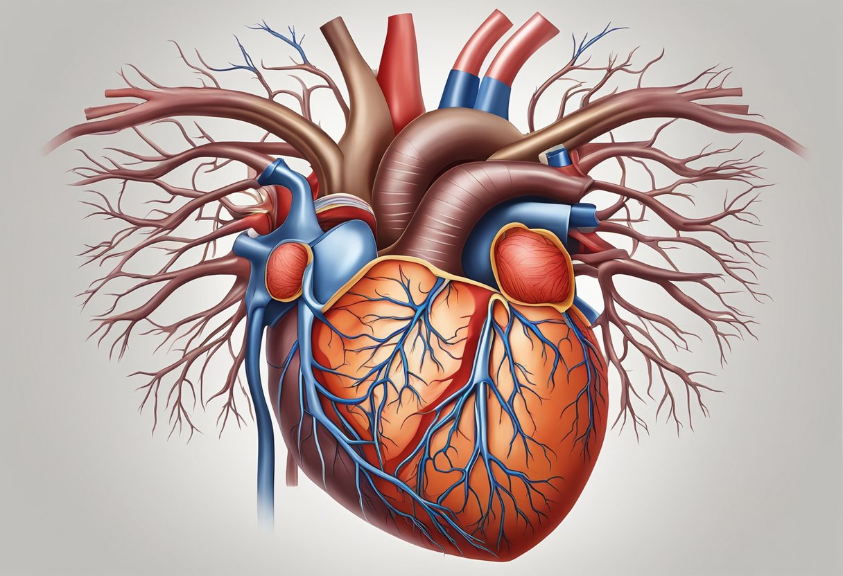 A heart pumps blood in a chest cavity, surrounded by veins and arteries