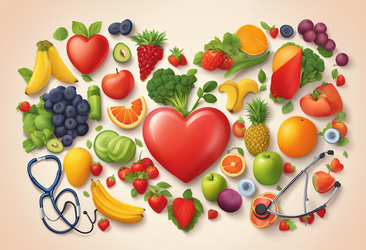 A red heart surrounded by healthy lifestyle symbols like fruits, vegetables, exercise equipment, and a stethoscope