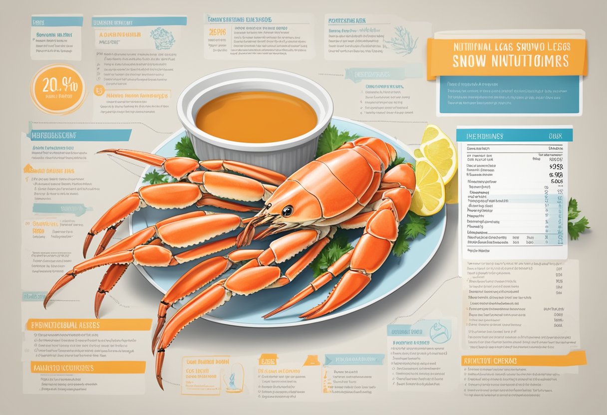 A plate of snow crab legs surrounded by nutritional information labels and a list of frequently asked questions