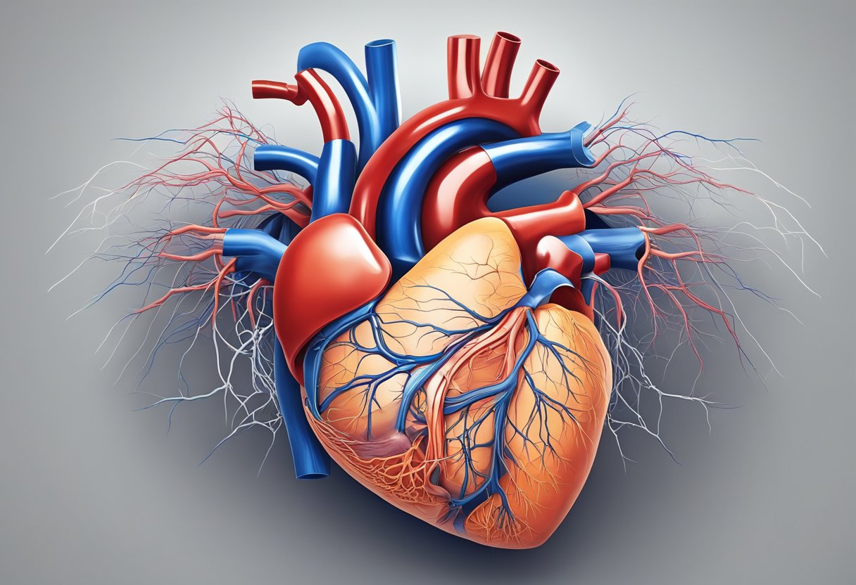The heart sits nestled in the chest, pumping blood through a network of veins and arteries. Its muscular walls contract and relax, maintaining the body's life force