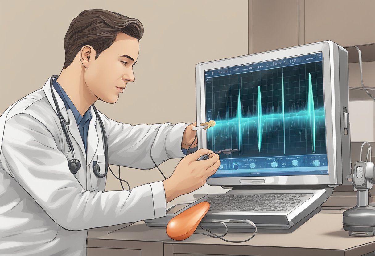A technician uses a doppler ultrasound machine to measure the fetal heart rate, with sound waves bouncing off the moving blood cells to create a visual display of the heart's rhythm