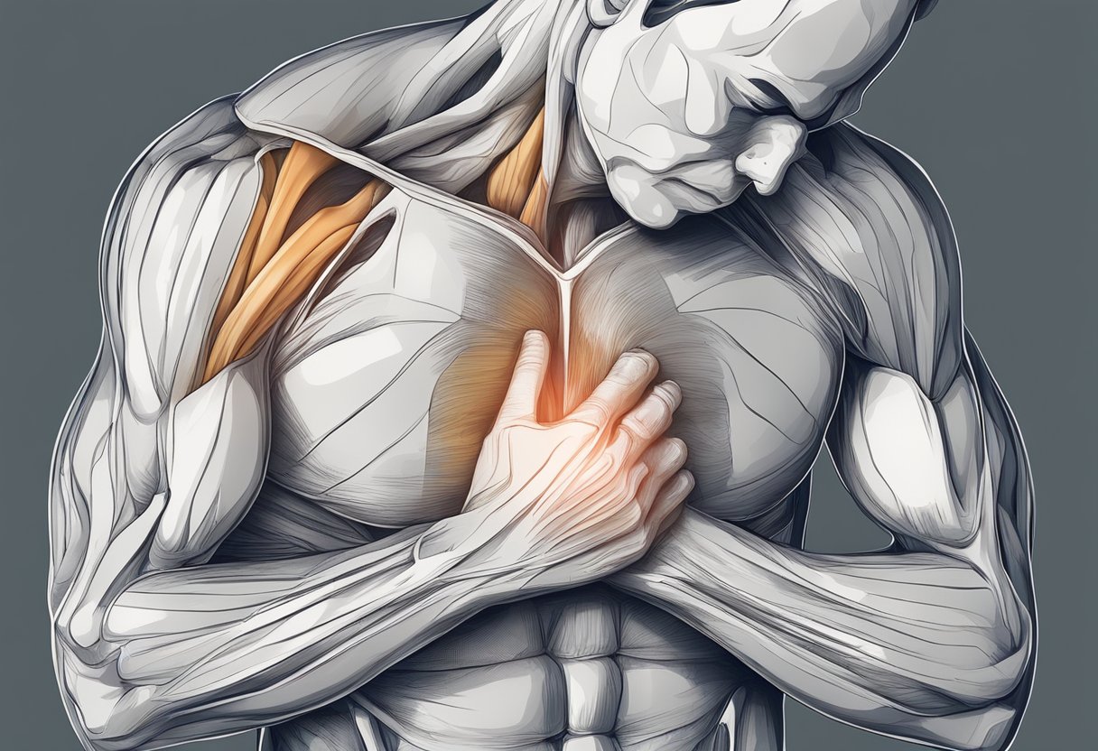 A person clutching their chest in pain, with a visible muscle strain