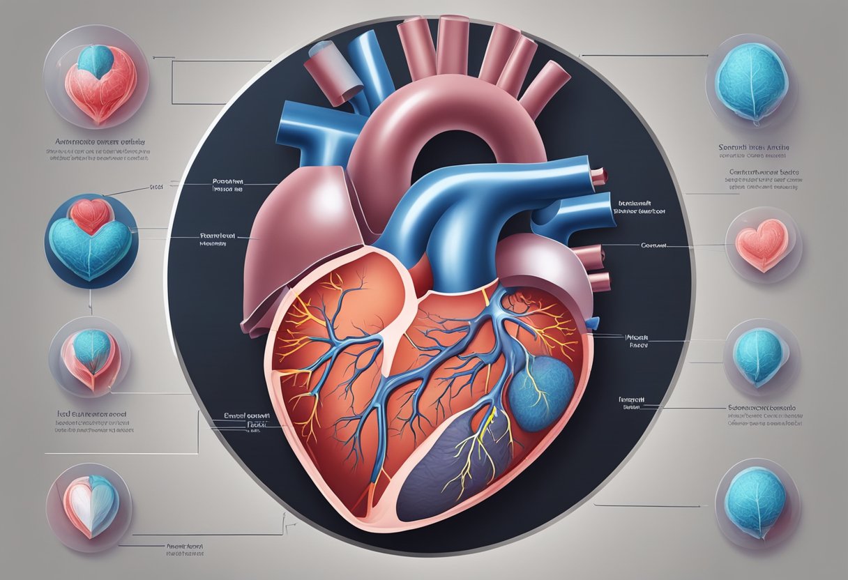A heart with normal ejection fraction failing to pump blood effectively, surrounded by fluid buildup and strained blood vessels