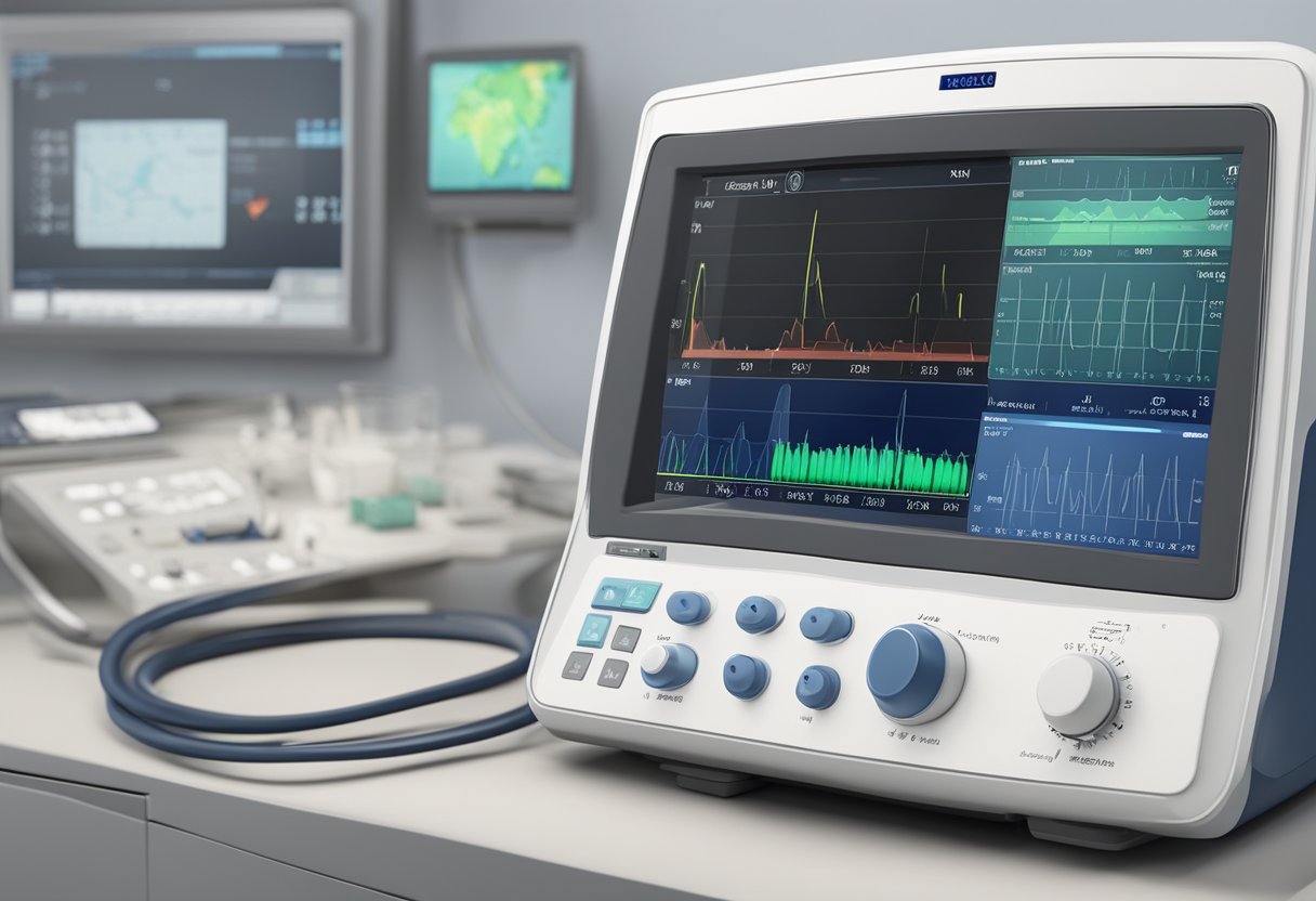 A doppler ultrasound machine displays fetal heart rate in a clinical setting