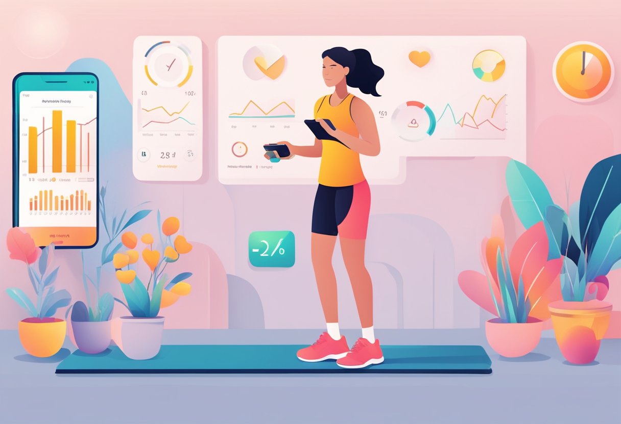 A woman's heart rate monitor displays a steady, healthy rhythm. Nearby, a fitness tracker shows the woman engaging in various physical activities