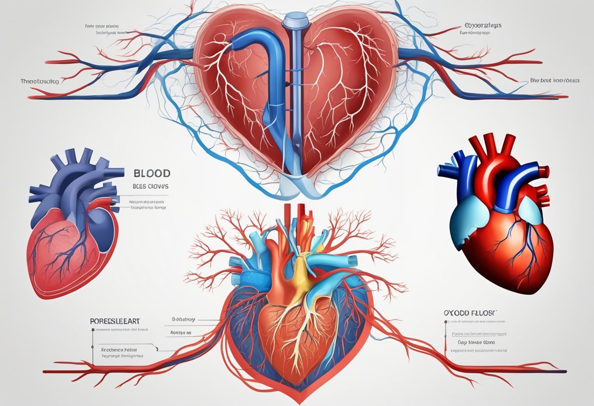 Blood flows from heart to vessels, then back. Oxygen-rich blood goes to body, while oxygen-poor blood returns to heart