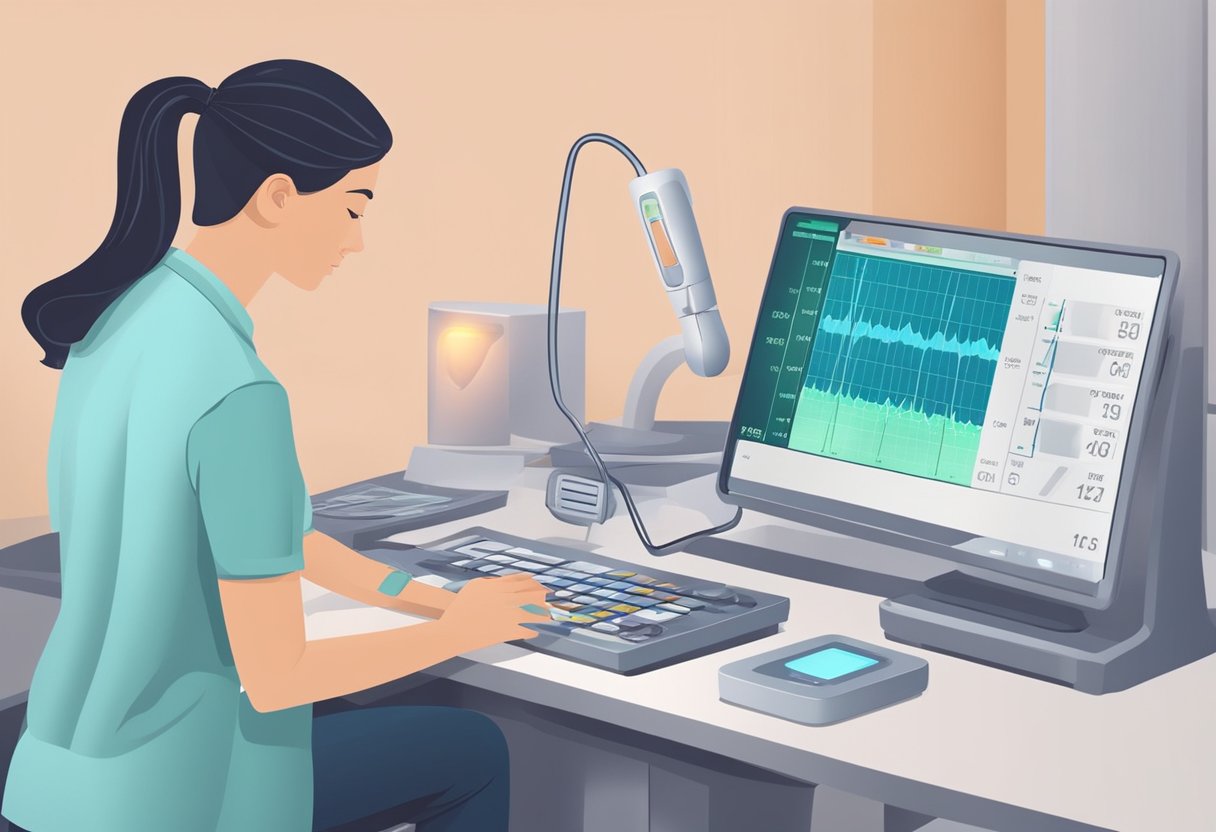 A doppler ultrasound machine displays fetal heart rate. The technician adjusts the probe while the screen shows the pulsing rhythm
