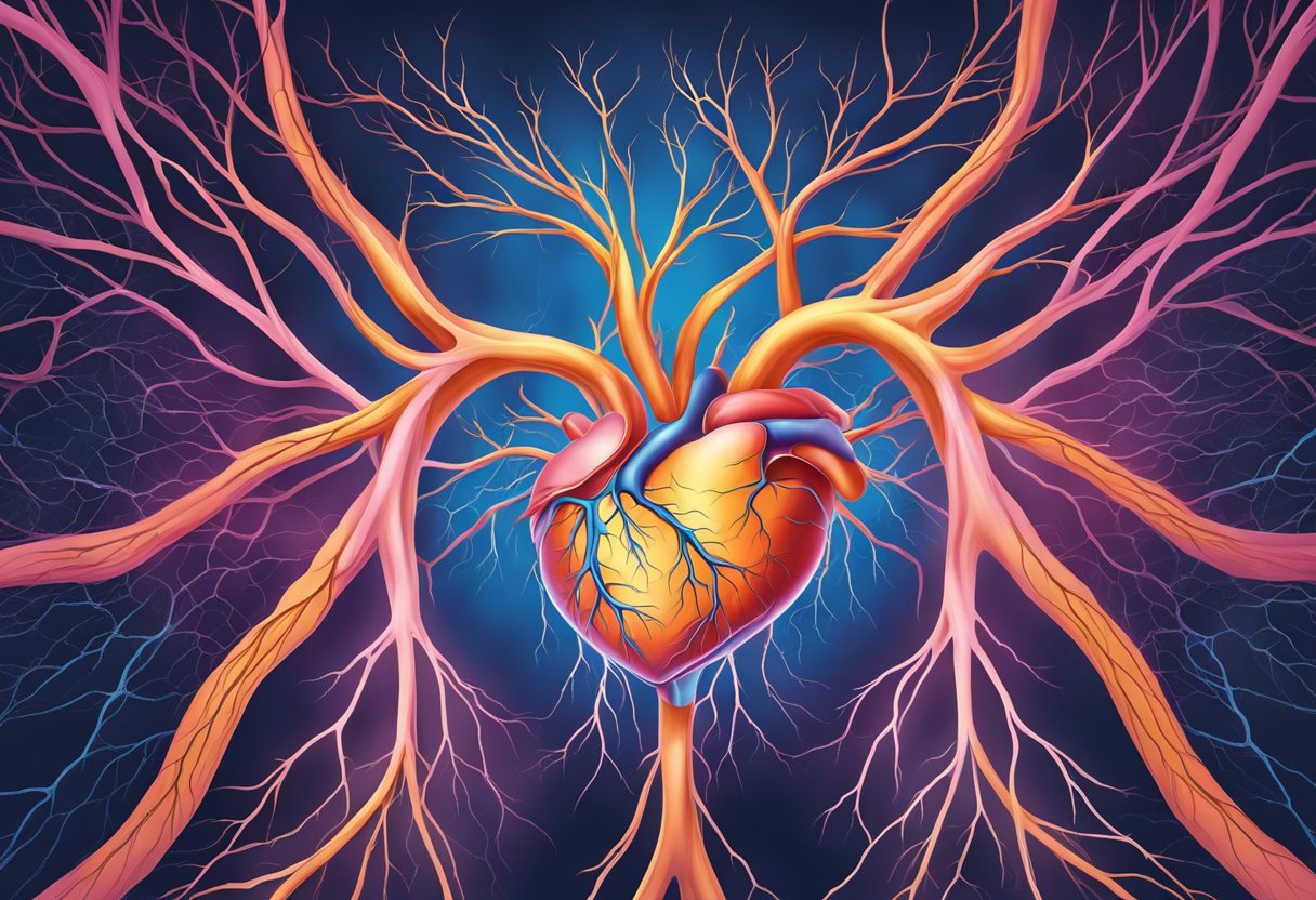 A heart pulsating rapidly, veins branching out