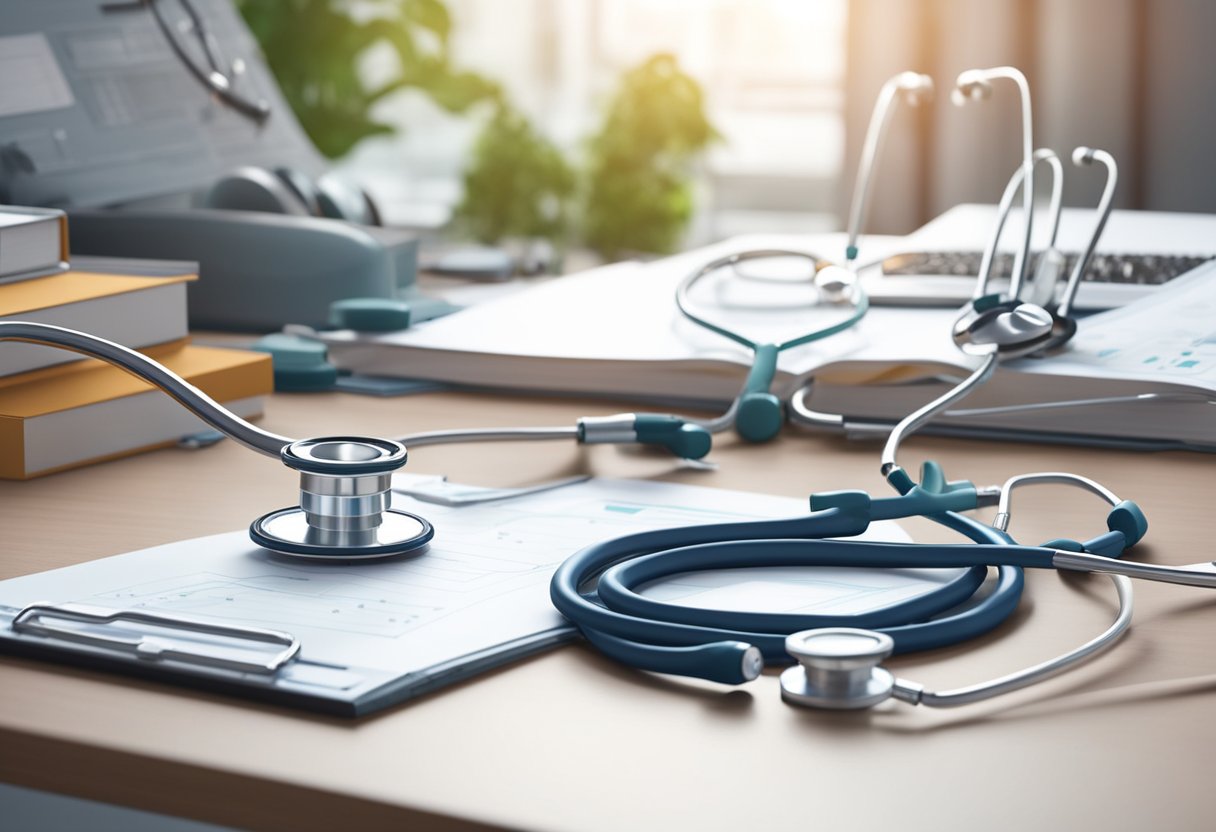 A stethoscope rests on a desk next to a stack of medical charts and a heart model. The room is filled with the soft hum of medical equipment