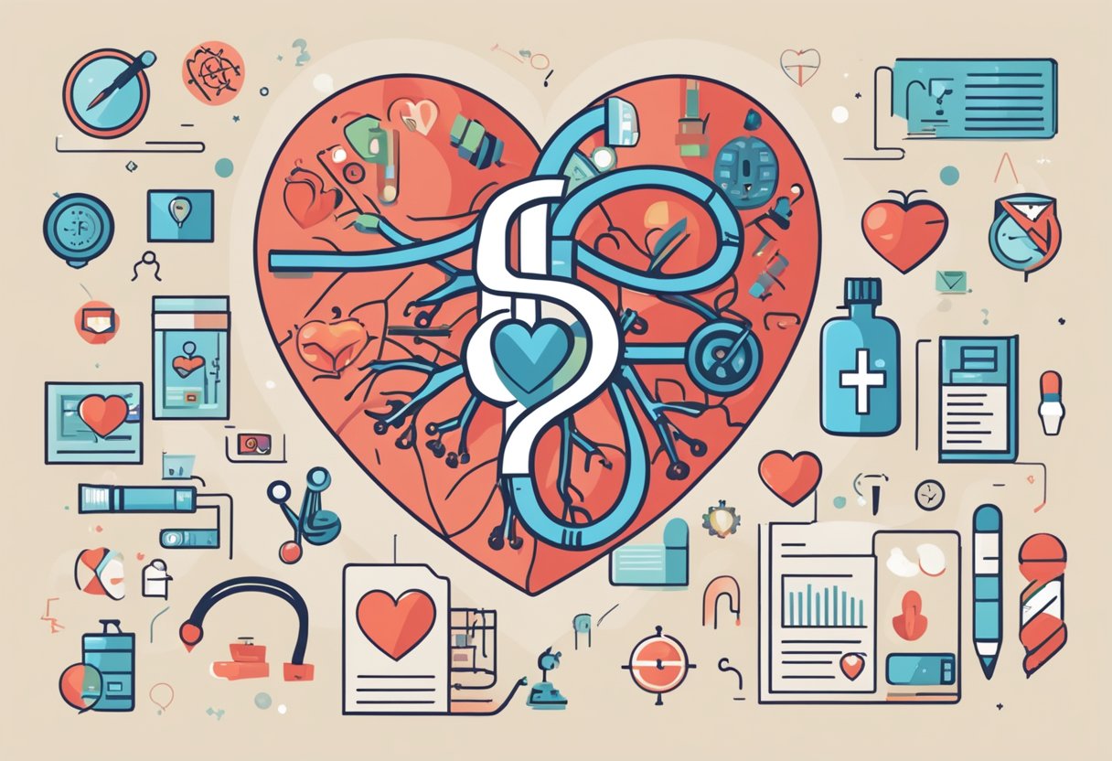 A heart with a question mark hovering above it, surrounded by medical symbols and text "Frequently Asked Questions heart disease definition"
