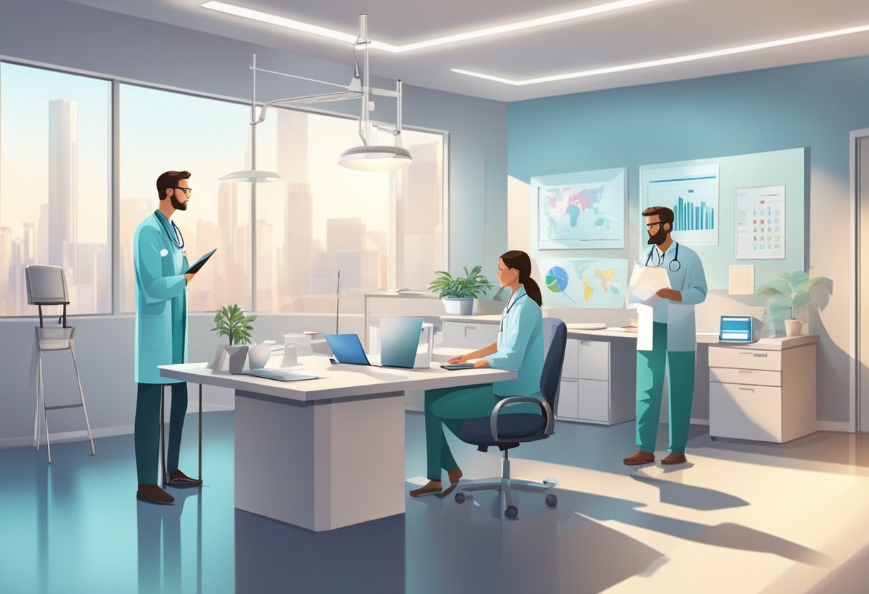 Heart center doctors consult in a modern, well-lit office. Medical equipment and charts line the walls. A calm, professional atmosphere pervades