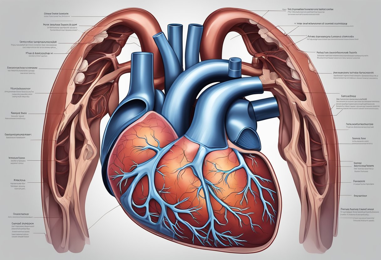 The heart, a vital organ, sits within the chest cavity, pumping blood to nourish the body. Surrounding it are the lungs, rib cage, and other organs