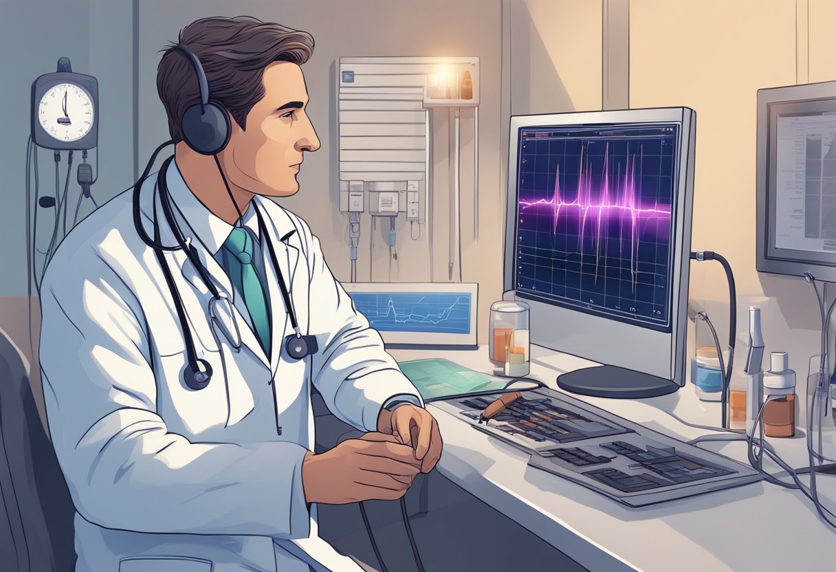 Heart beats rapidly, blood flows through vessels, doctor observes monitor, administers medication