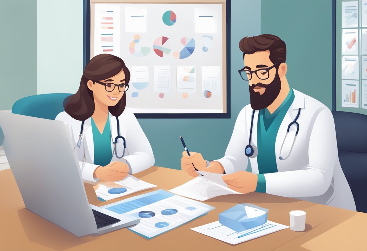 A doctor reviewing test results, prescribing medication, and discussing lifestyle changes with a patient