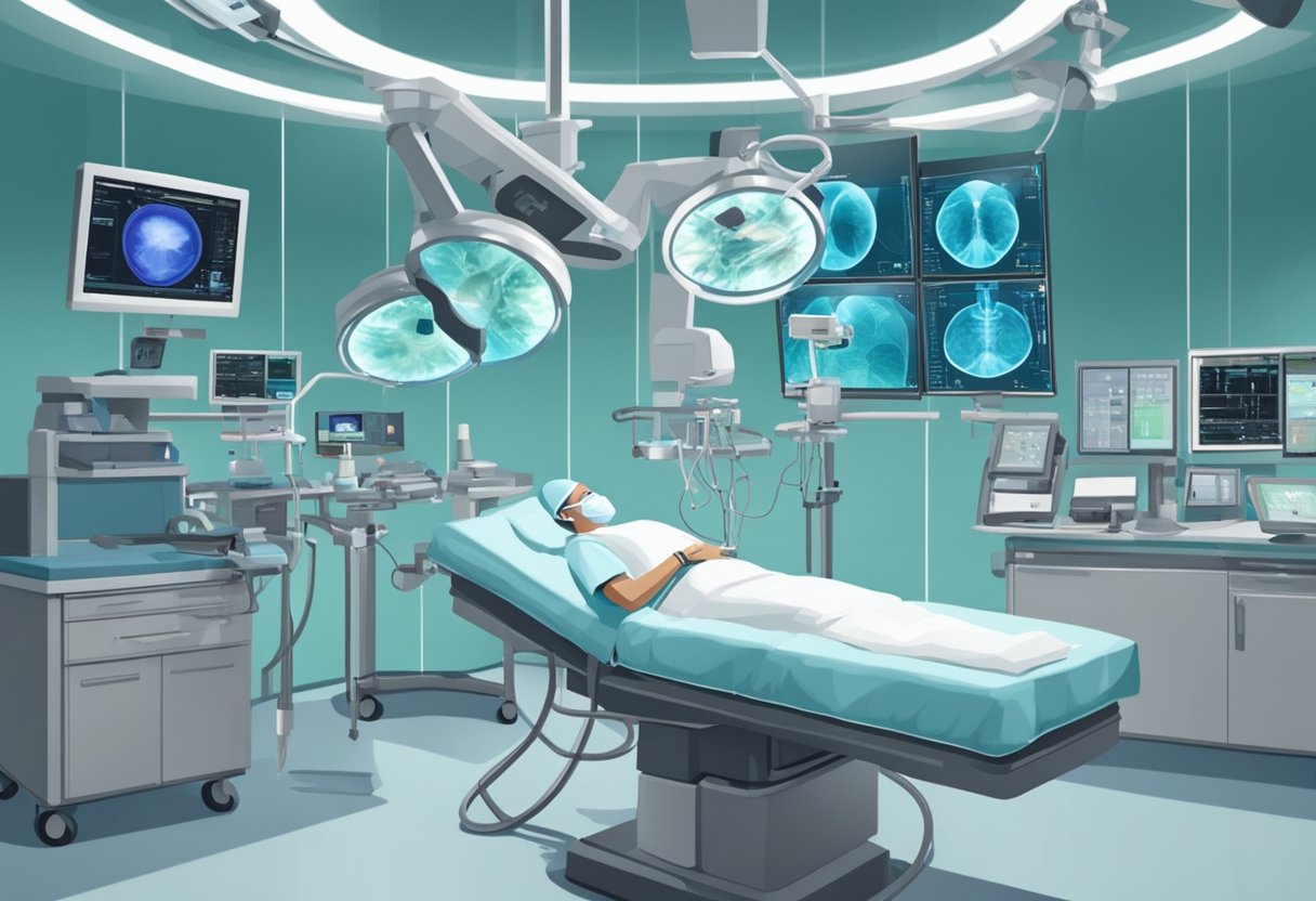 A surgeon performs heart valve replacement in a modern operating room in Singapore. Medical equipment and monitors surround the patient on the operating table