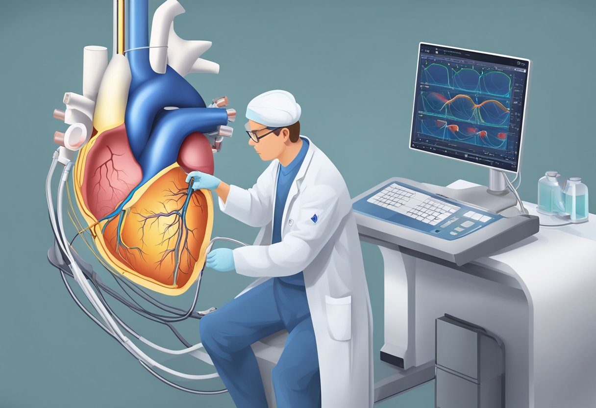 A cardiologist performs OCT imaging on a coronary artery. The catheter is inserted into the vessel, capturing detailed cross-sectional images for diagnosis