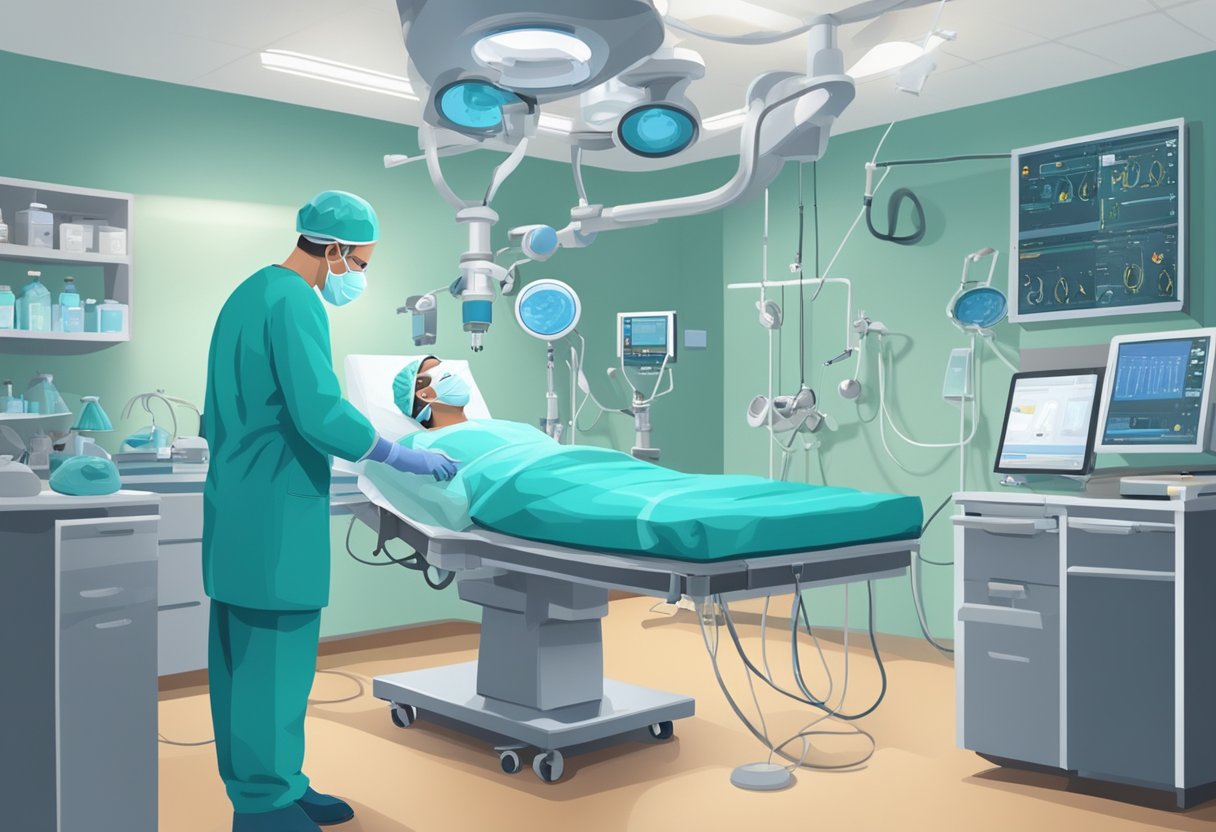 A surgeon carefully replaces a heart valve in a sterile operating room. Medical equipment and monitors surround the patient