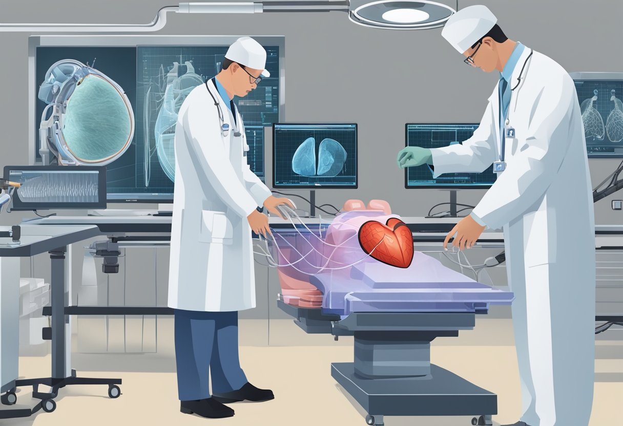 An OCT machine scans a beating heart, while a cardiologist reviews the images and plans interventional strategies