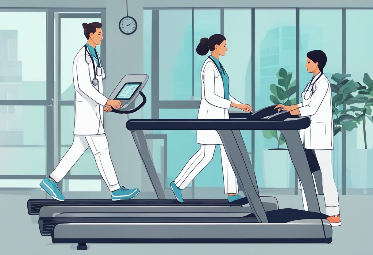 A patient is walking on a treadmill with ECG leads attached, while a healthcare professional monitors their heart rate and blood pressure