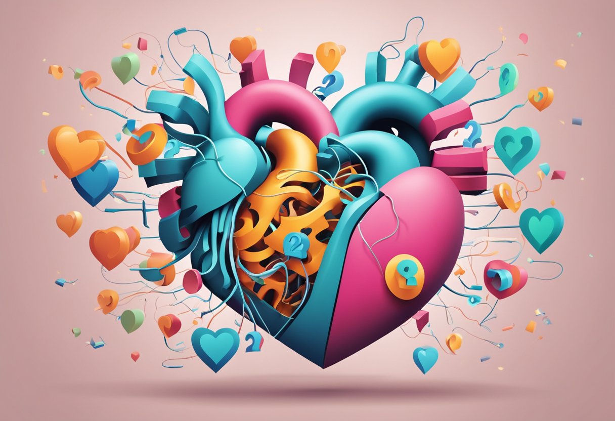 A heart beating rapidly, surrounded by question marks