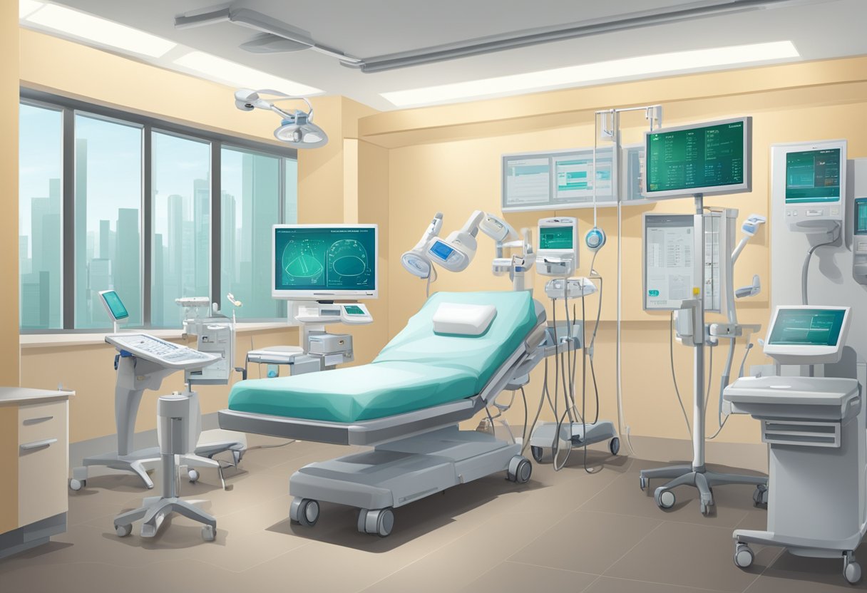 A hospital room in Singapore with medical equipment and a price list for heart valve replacement prominently displayed