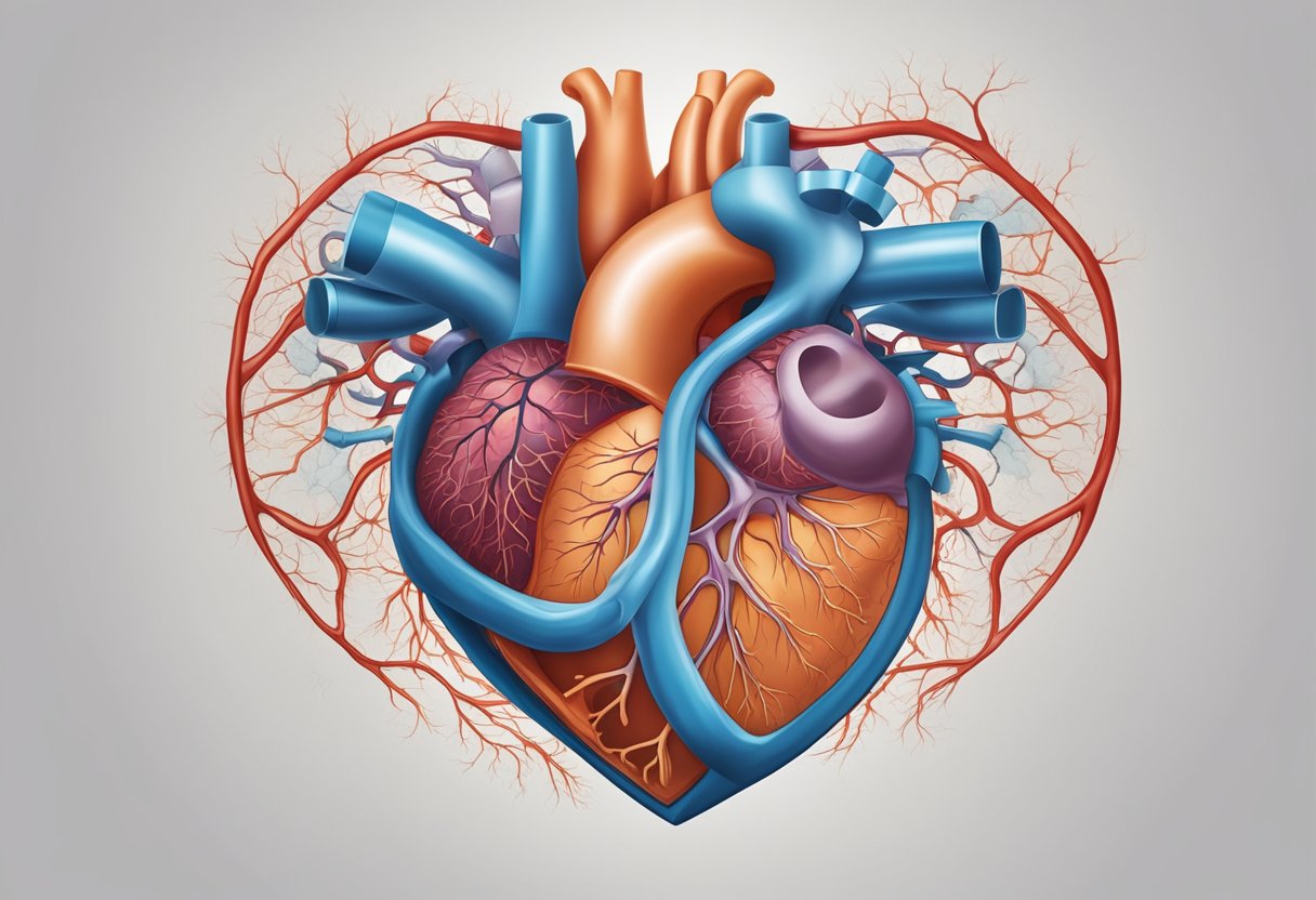 A heart with weakened pumping action, surrounded by congested blood vessels and fluid buildup in the lungs