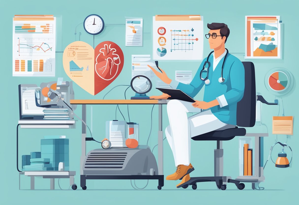 A doctor reviewing FAQs on cardiology, surrounded by medical equipment and charts