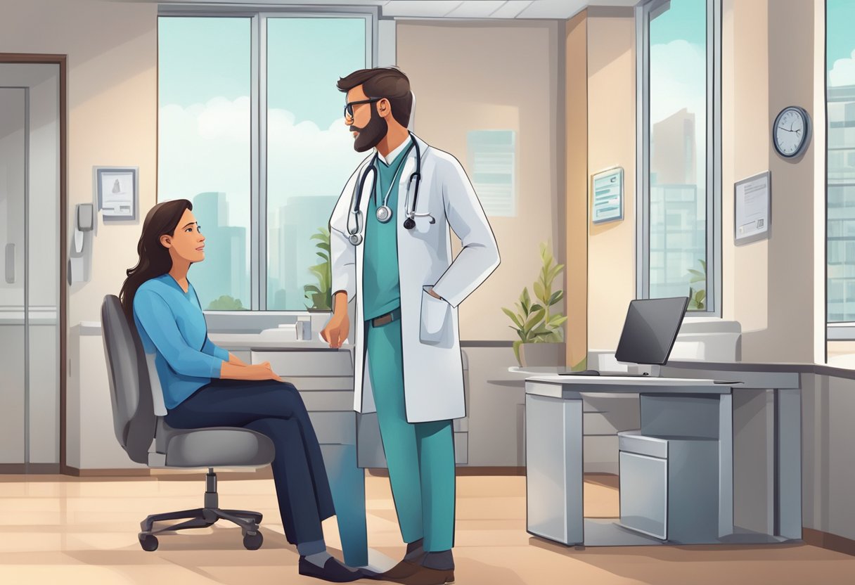 A doctor discusses health concerns and management with a patient in a cardiology office