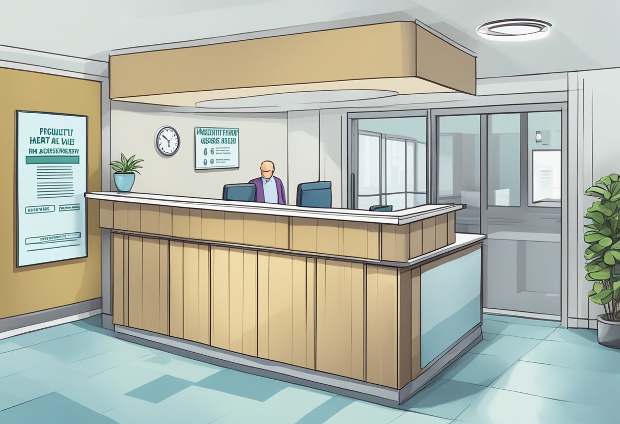 A hospital reception desk with a sign reading "Frequently Asked Questions: heart valve replacement cost Singapore." A patient sits nearby, waiting