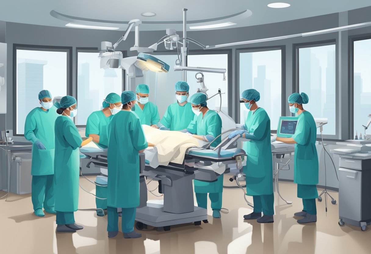 Surgeons perform heart surgery: incision, bypass, valve replacement, and suturing. Instruments, monitors, and medical staff surround the operating table