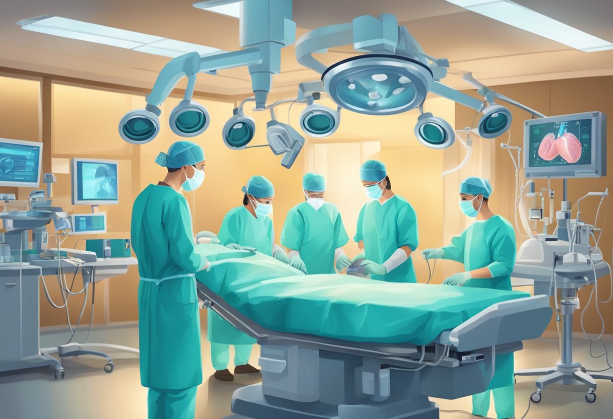 Surgeons perform various heart surgery procedures in a sterile operating room with medical equipment and monitors