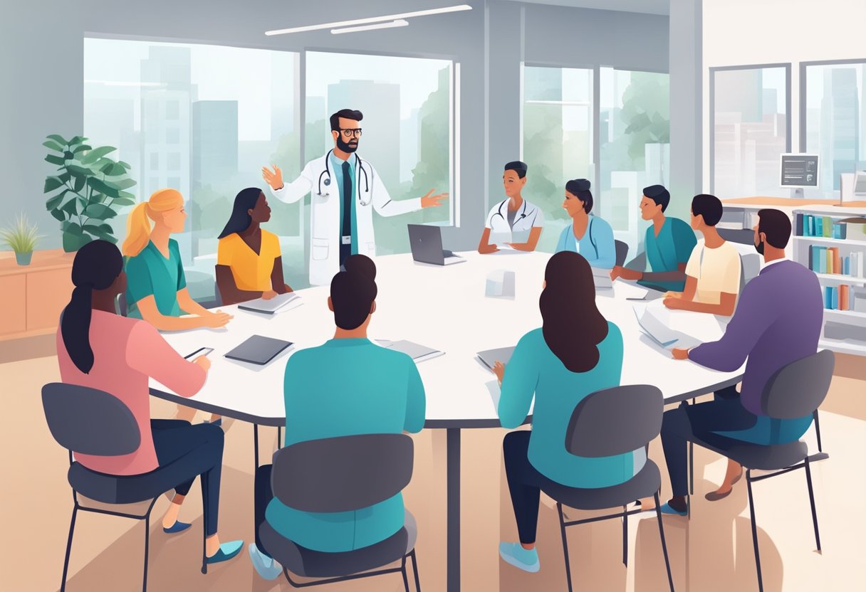 A doctor explaining cardiology FAQs to a group of attentive patients in a modern clinic setting