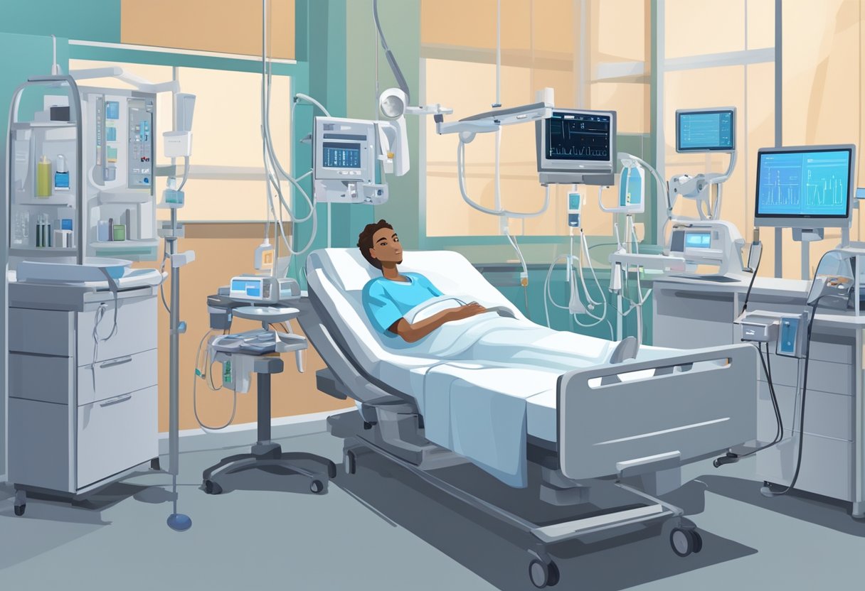 A patient is resting in a hospital bed, surrounded by medical equipment and monitors. A nurse is checking the patient's vital signs and adjusting the IV drip