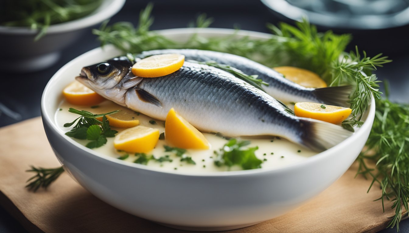 Fresh fish submerged in a bowl of milk, surrounded by herbs and spices