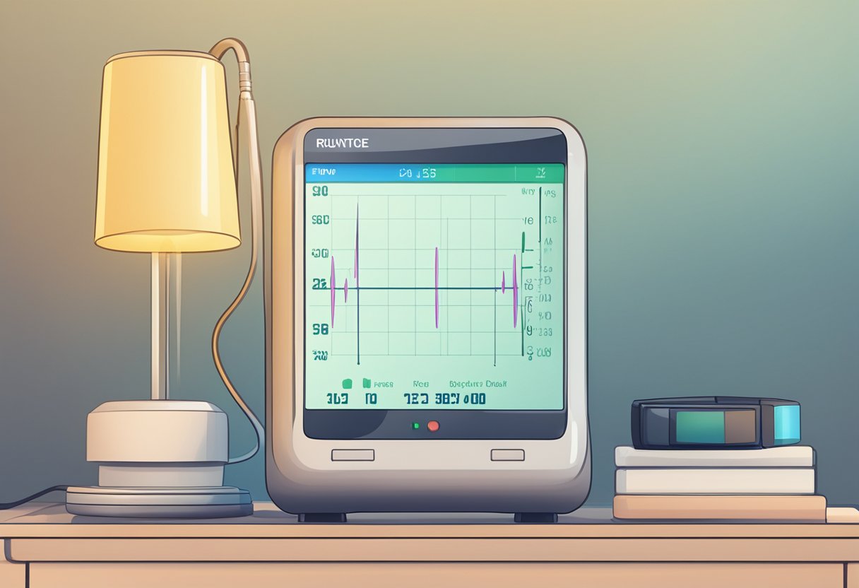 A heart rate monitor displays a steady rhythm on a patient's bedside table