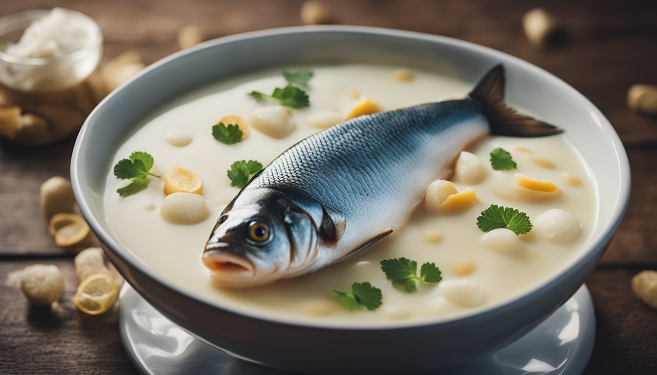 A bowl of fish submerged in a pool of milk, with the liquid surrounding the fish and soaking into the flesh