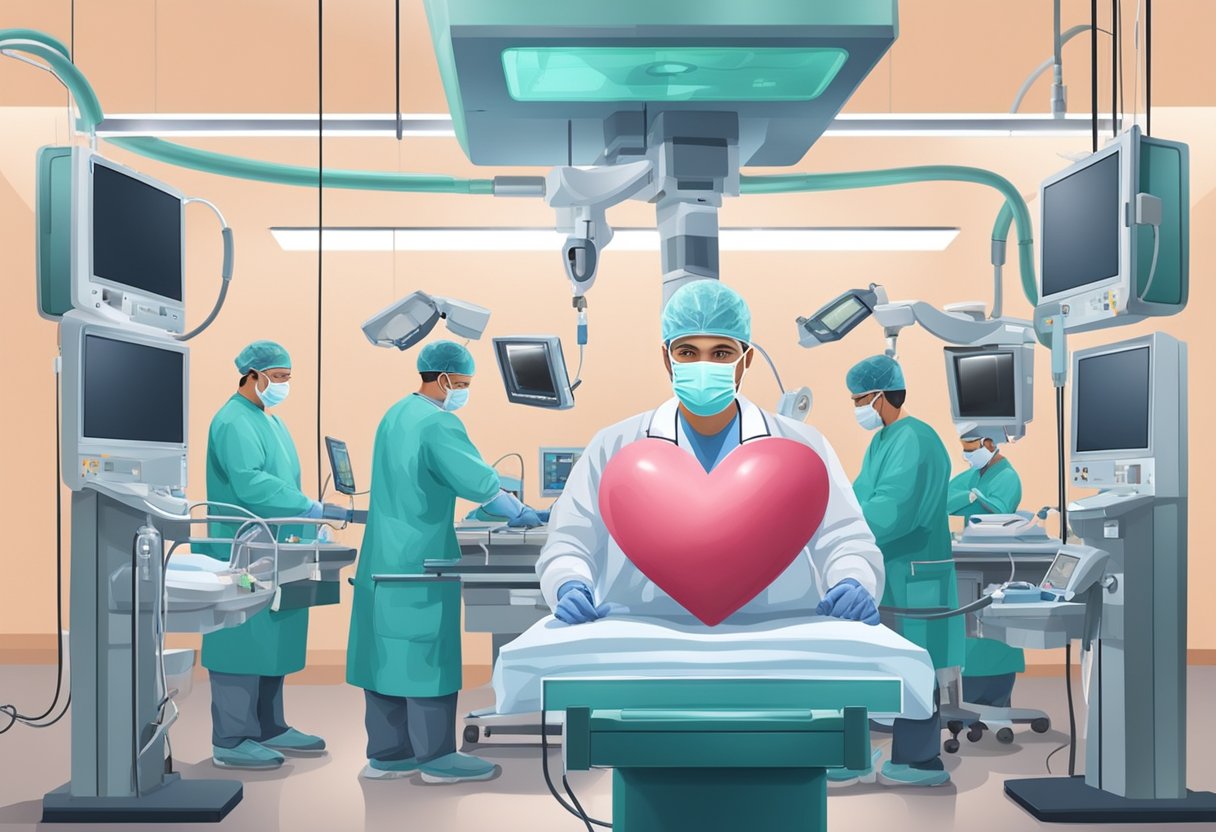 A surgeon performing heart surgery with medical equipment and monitors in an operating room