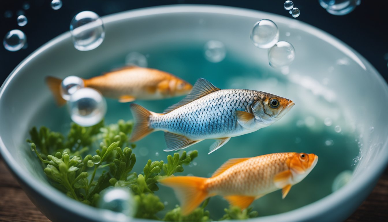Fish submerged in a bowl of milk, with bubbles rising to the surface
