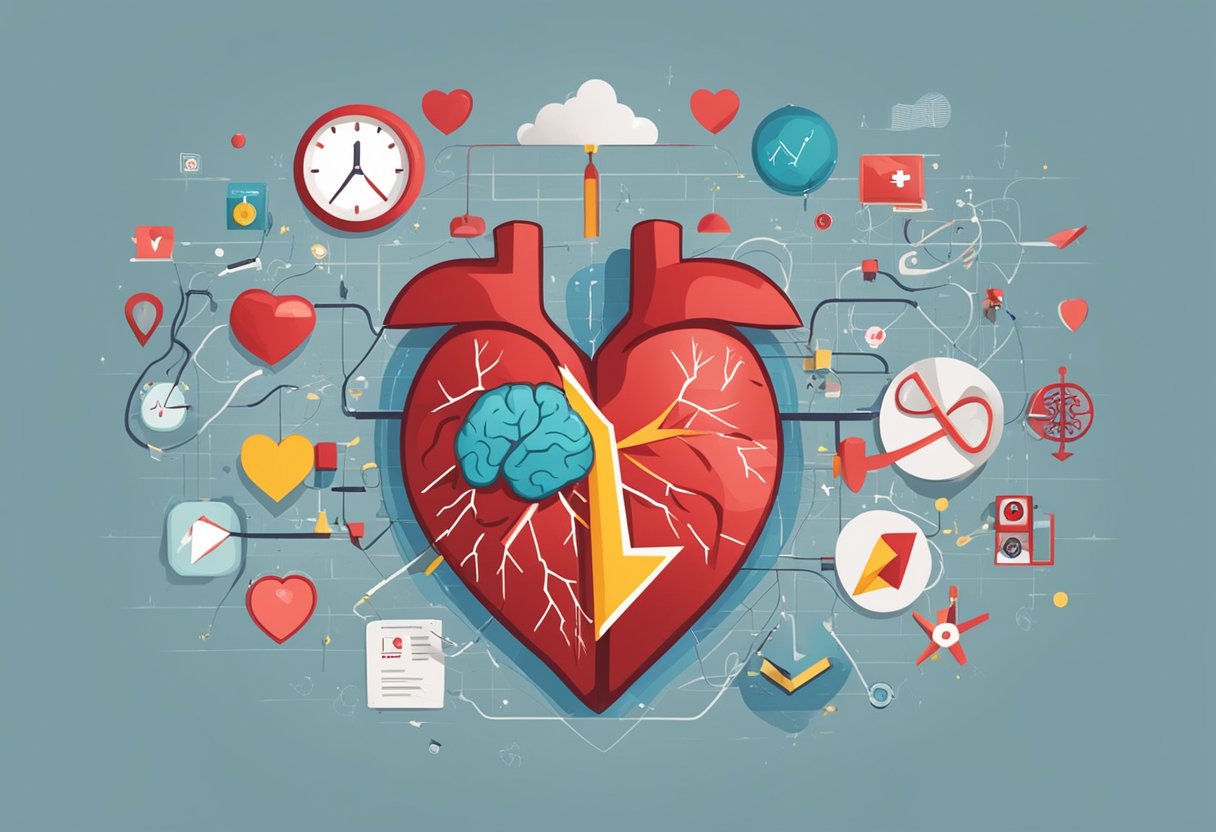 A red heart and a brain with a lightning bolt, surrounded by medical symbols and statistics on heart disease and stroke