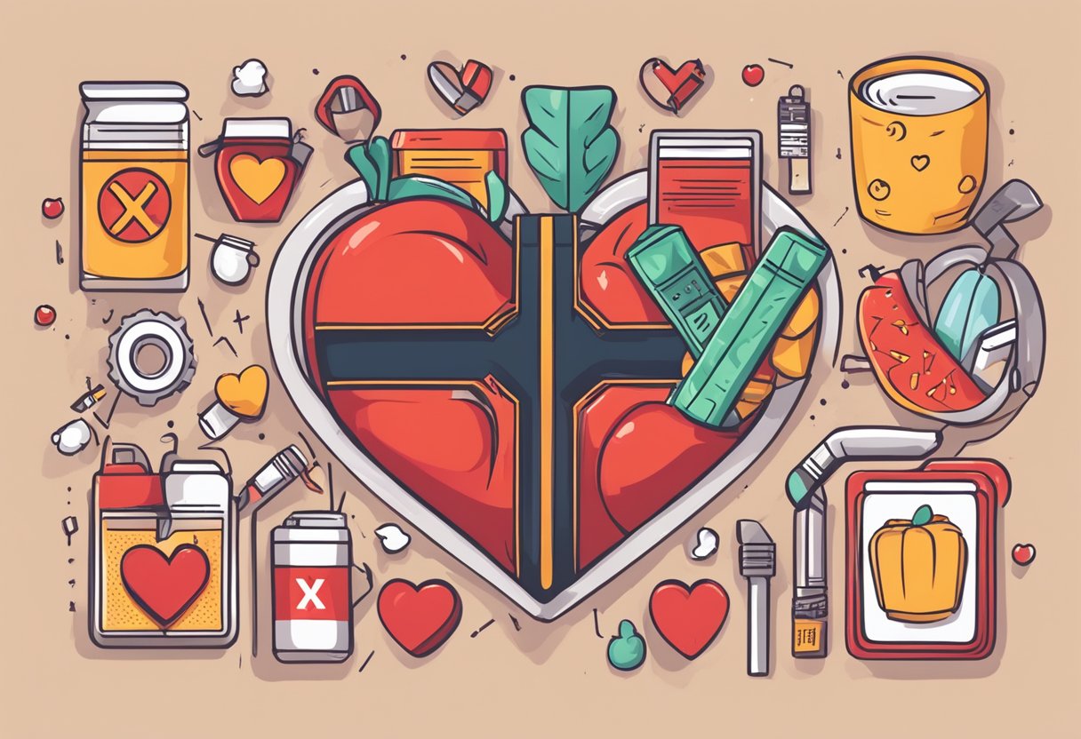 A heart with a red "X" over it, surrounded by unhealthy lifestyle symbols like cigarettes, fast food, and a sedentary lifestyle
