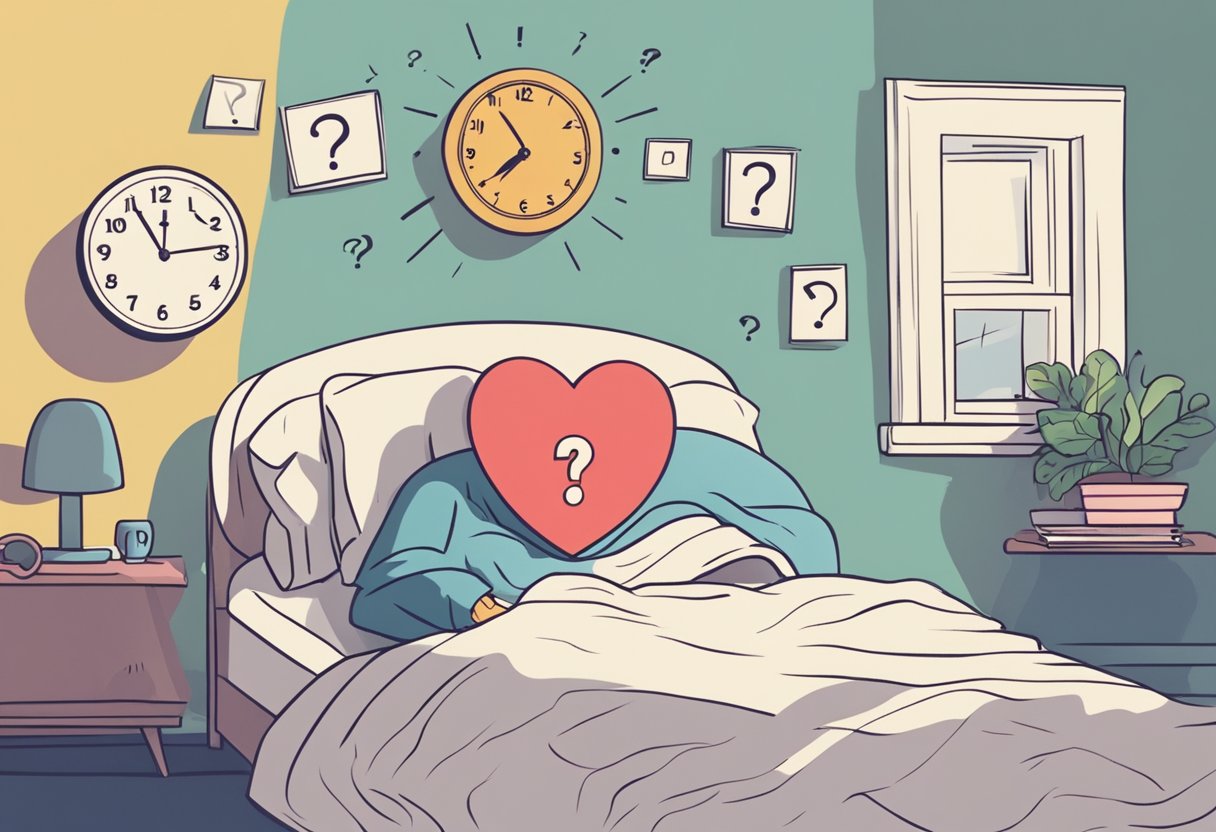 A person's heart pounding in bed, surrounded by question marks and a clock showing an early morning time