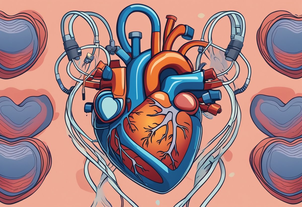 A heart with low blood pressure, surrounded by sluggish, stagnant flow