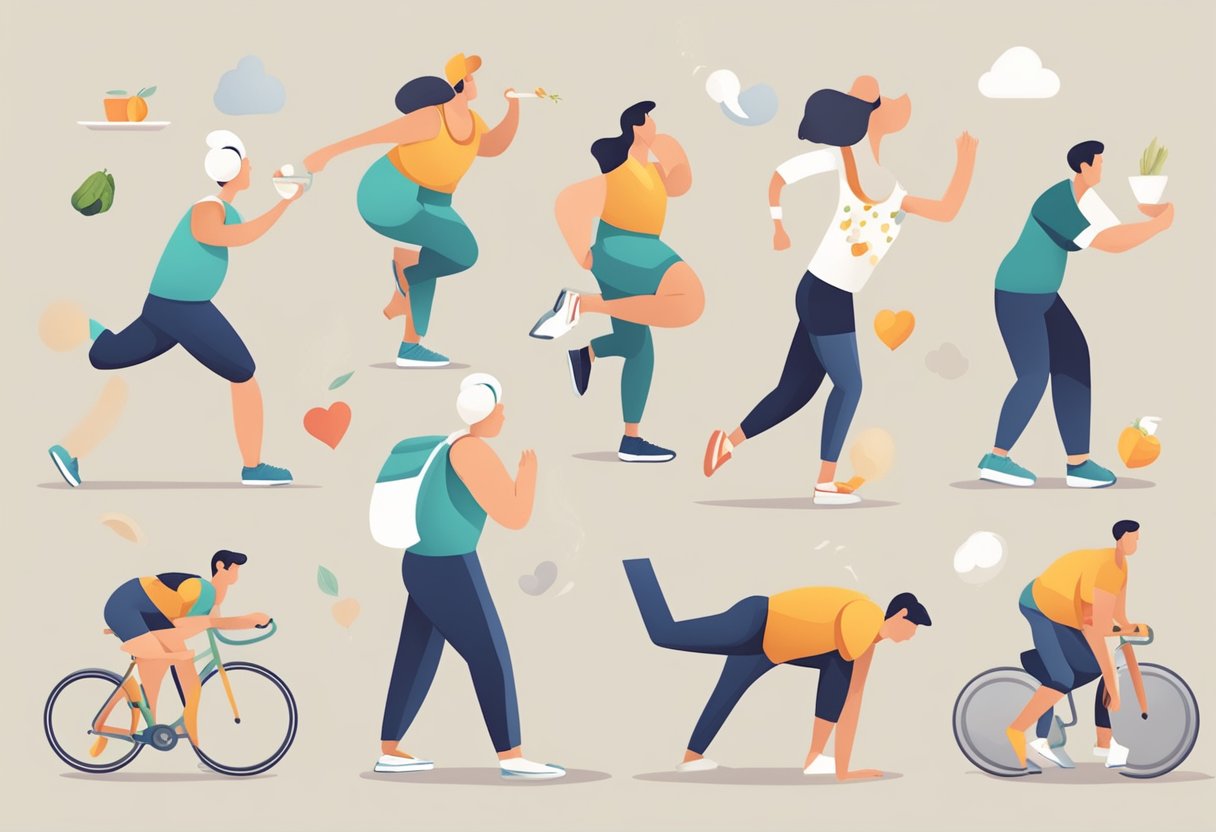 A person exercising, eating healthy, and avoiding smoking and stress to prevent heart attacks