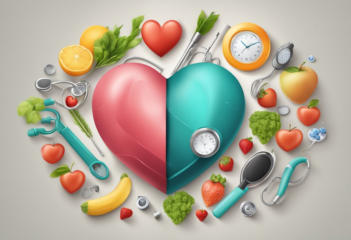 A heart surrounded by healthy lifestyle symbols and medical tools