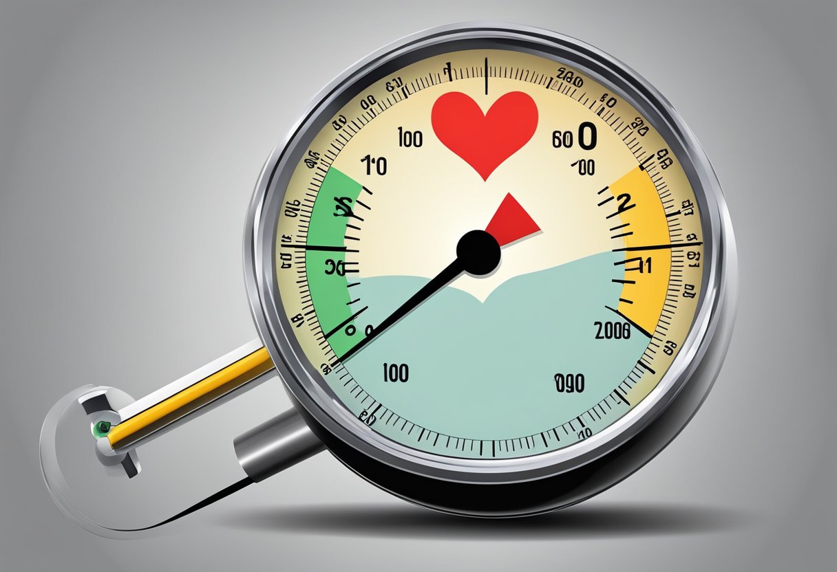 A heart with a downward arrow and a pressure gauge showing low levels
