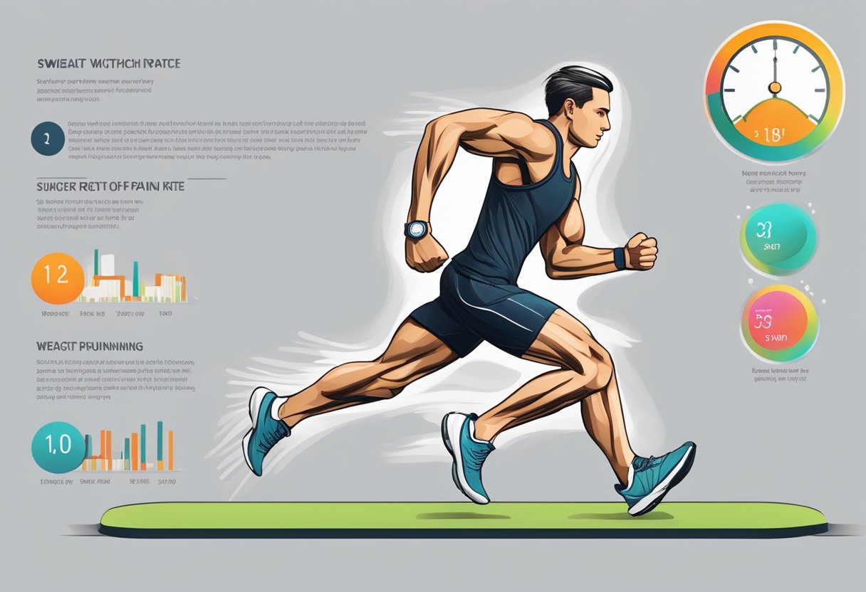 A running watch displays a heart rate of 150 bpm. Sweat drips down a determined face. Legs pump as the runner pushes through the pain