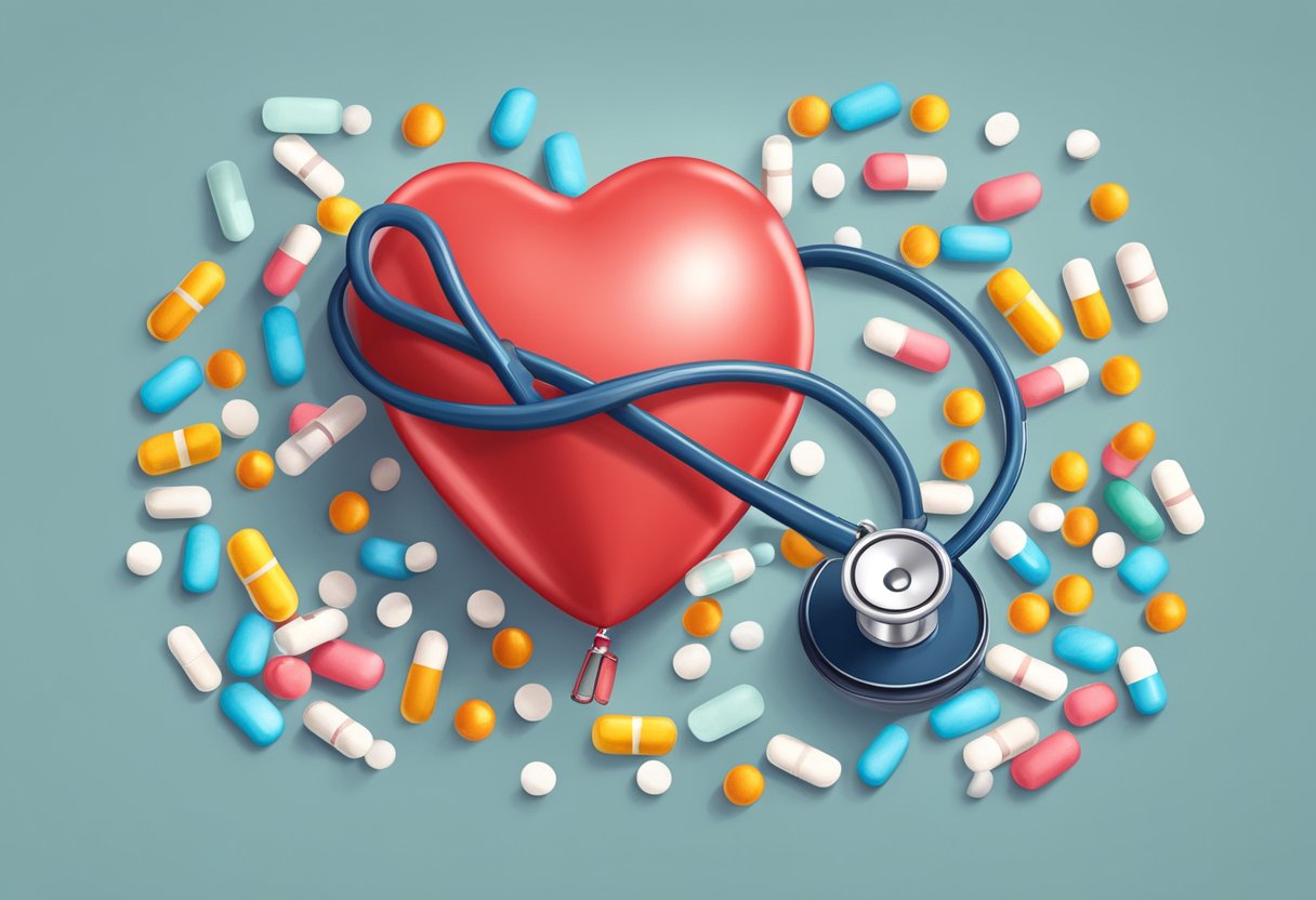 A heart-shaped balloon deflating, surrounded by scattered pills and a stethoscope